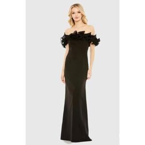 Ieena 4 Mac Duggal Off the Shoulder Ruffle Detail Column Gown Black 4 NWT 49643